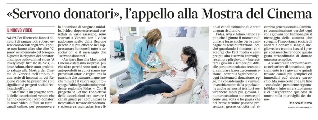 articolo gazzettino del 05 settembre 2023 che parla della donazione di sangue e di all of me, a choral story